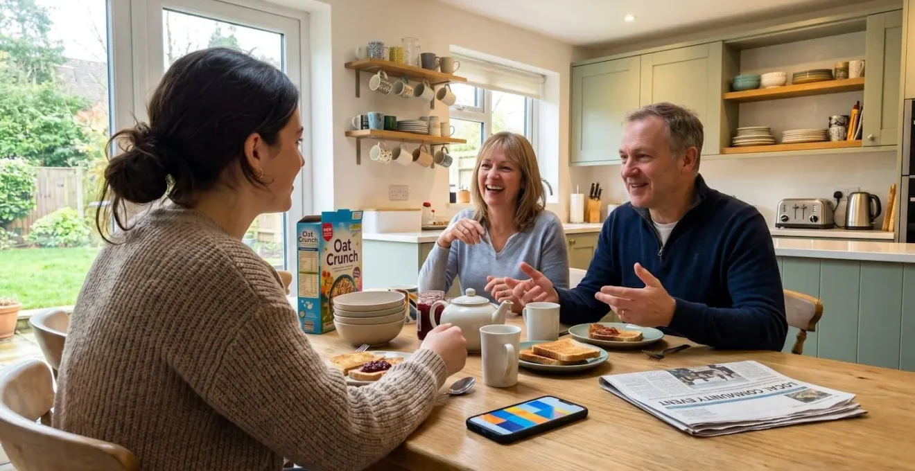Vue de profil d'une jeune femme assise à une table de cuisine moderne discutant avec une personne hors champ pendant un petit-déjeuner matinal