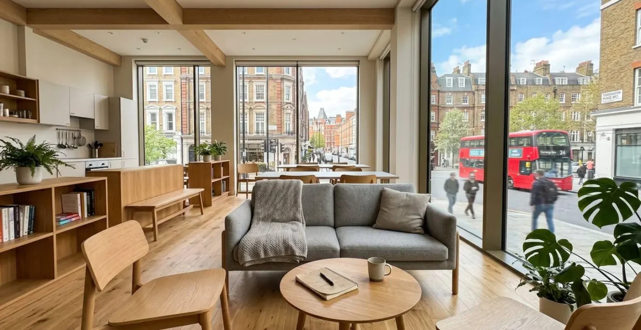Un salon commun spacieux dans une résidence étudiante londonienne moderne, avec de grandes baies vitrées laissant entrer la lumière naturelle et du mobilier contemporain en bois clair