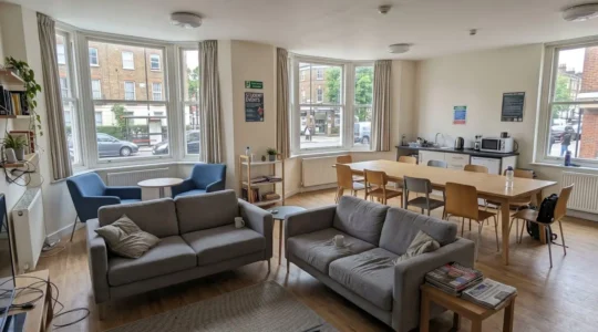 Un salon commun spacieux dans une résidence étudiante londonienne moderne, avec de grandes baies vitrées laissant entrer la lumière naturelle et du mobilier contemporain en bois clair
