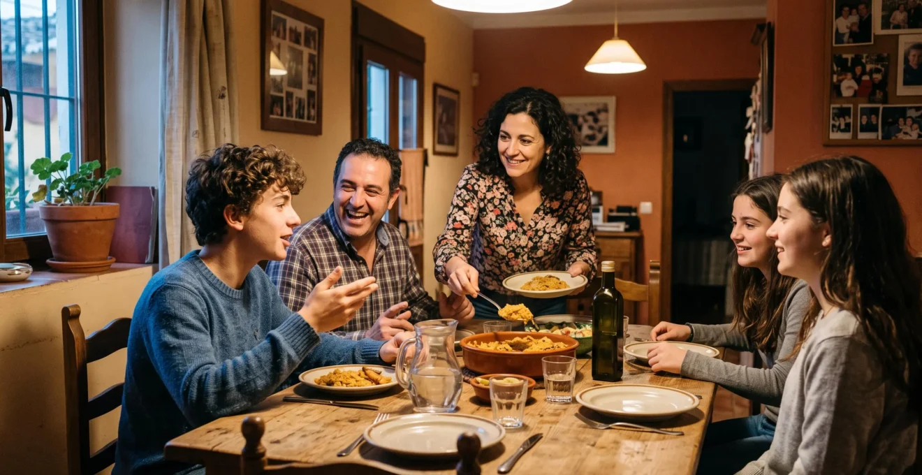 Un adolescent échange avec sa famille d'accueil autour d'un repas partagé à la table d'une maison.