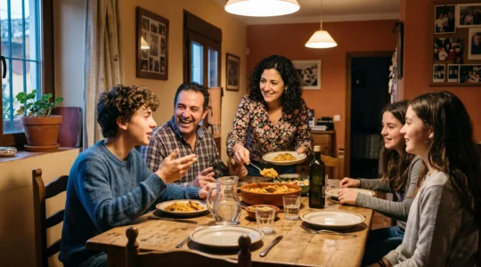 Un adolescent échange avec sa famille d'accueil autour d'un repas partagé à la table d'une maison.