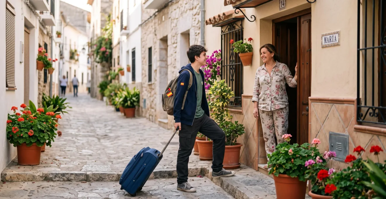 Un adolescent avec sa valise est accueilli à la porte de sa famille d'accueil dans une rue résidentielle ensoleillée.