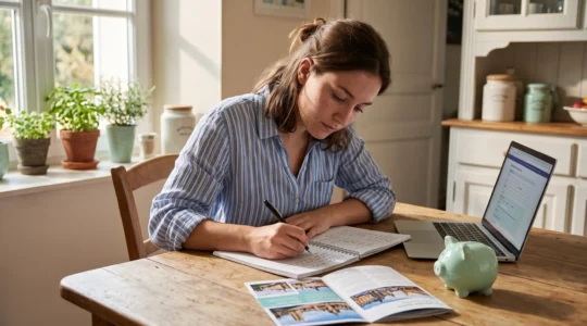 Une jeune femme planifie le budget d'un séjour linguistique à une table de cuisine, avec un carnet, une brochure et un ordinateur portable.